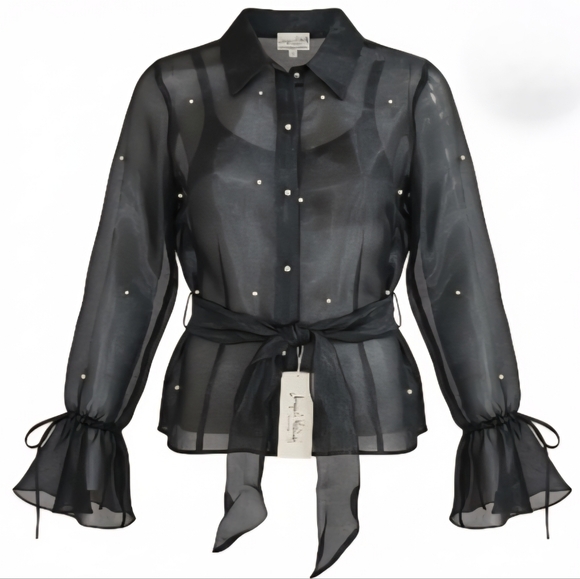 Joseph Ribkoff Tops - Joseph Ribkoff Black Sheer Organza Blouse Faux Pearls Bell Sleeve Tie Waist NWT4